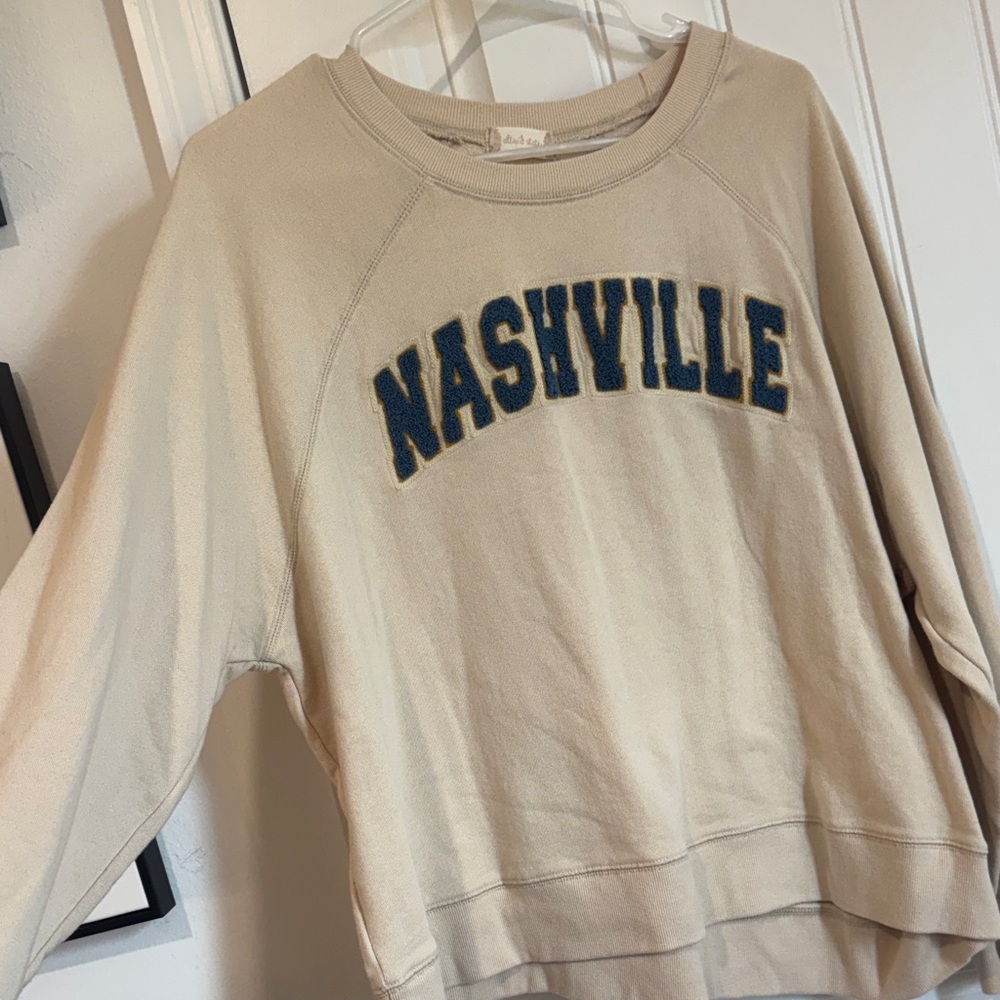 Altar'd State Cream Crewneck with Navy & Gold 'NASHVILLE' Appliqué